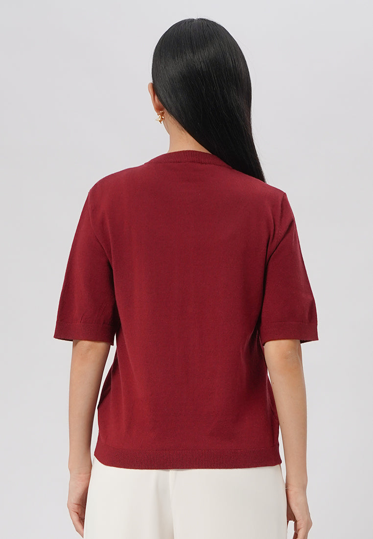 Round Neck Short Sleeve Knit Top Dark Red