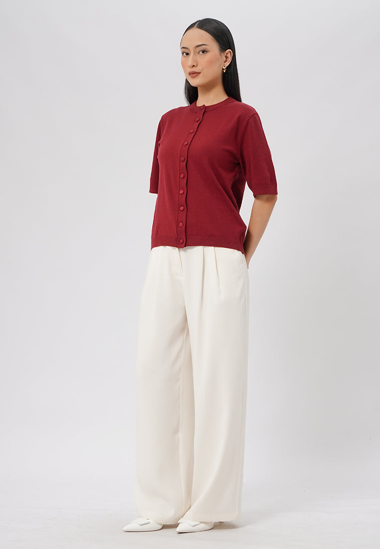 Round Neck Short Sleeve Knit Top Dark Red