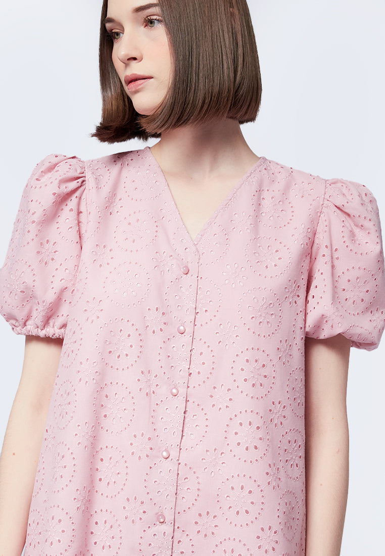 Eyelet Midi Dress with Puff Sleeves