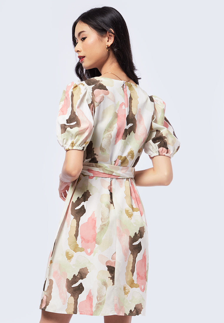 Puff Sleeve Printed Dress with Knot