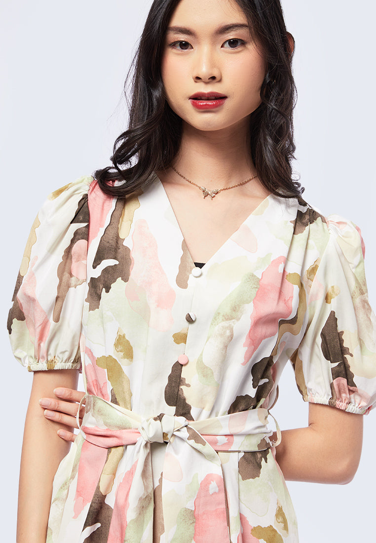 Puff Sleeve Printed Dress with Knot