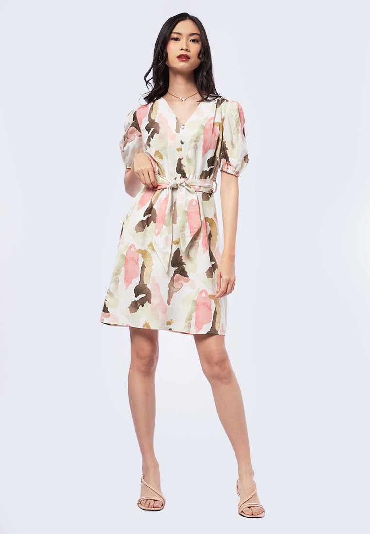 Puff Sleeve Printed Dress with Knot