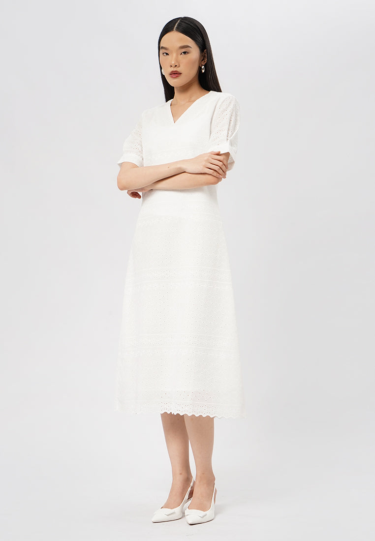 V-Neck Short Sleeve Midi Dress Off White