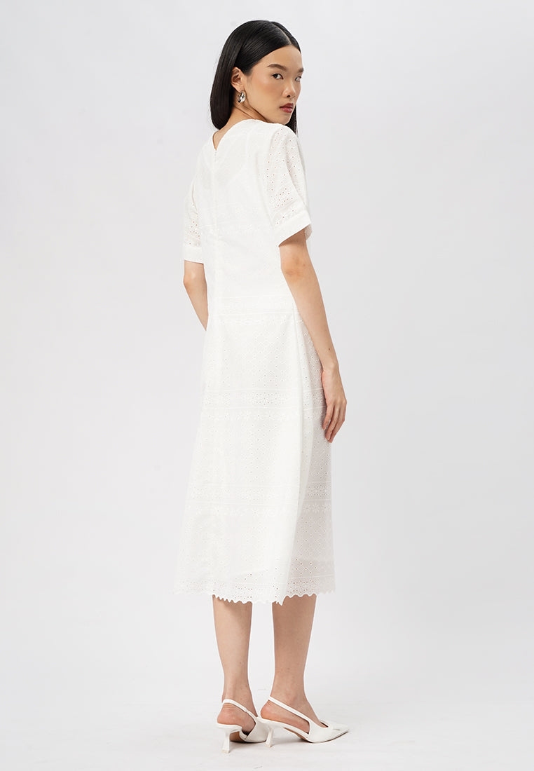 V-Neck Short Sleeve Midi Dress Off White