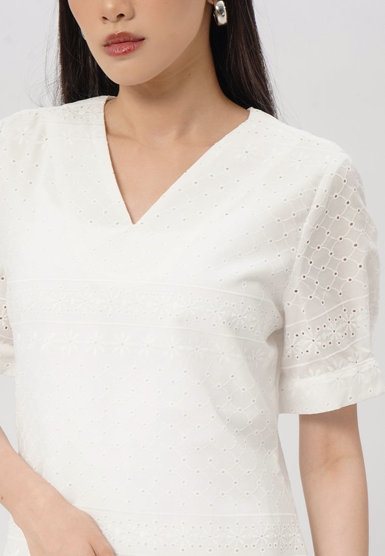 V-Neck Short Sleeve Midi Dress Off White
