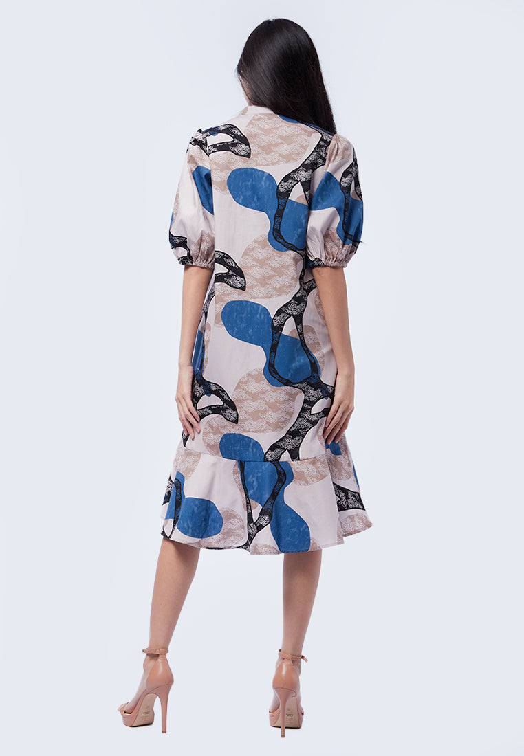 Batik Midi Dress with Balloon Sleeve