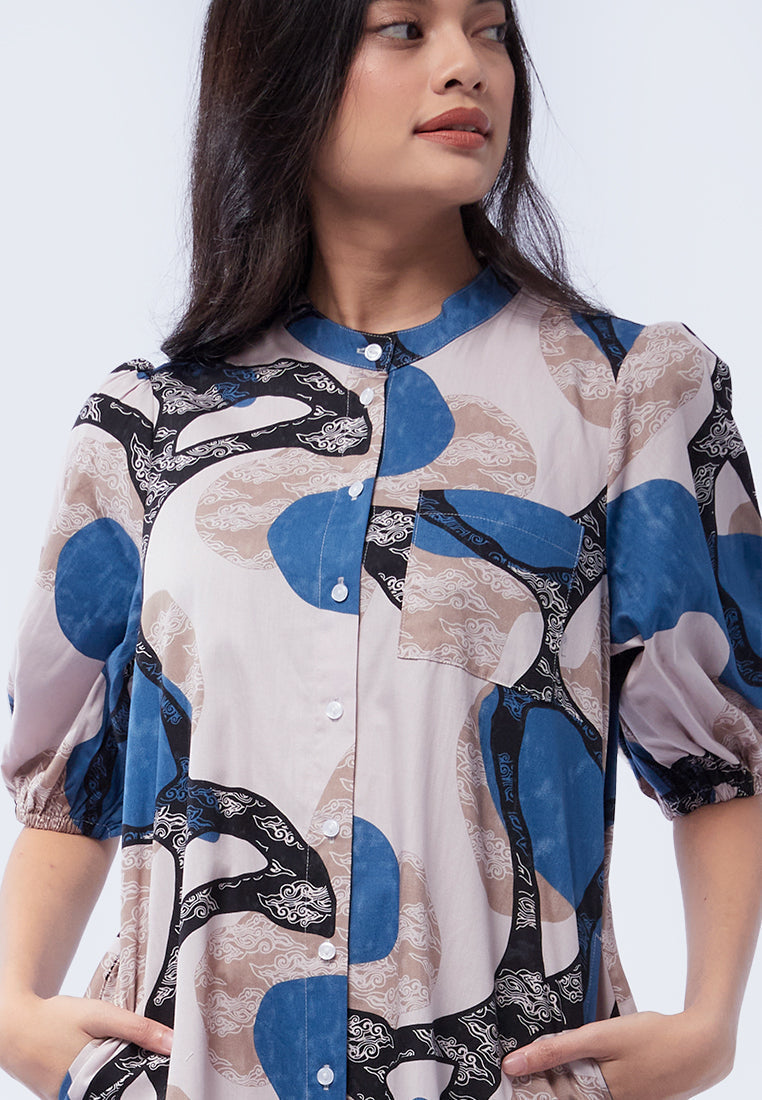 Batik Midi Dress with Balloon Sleeve