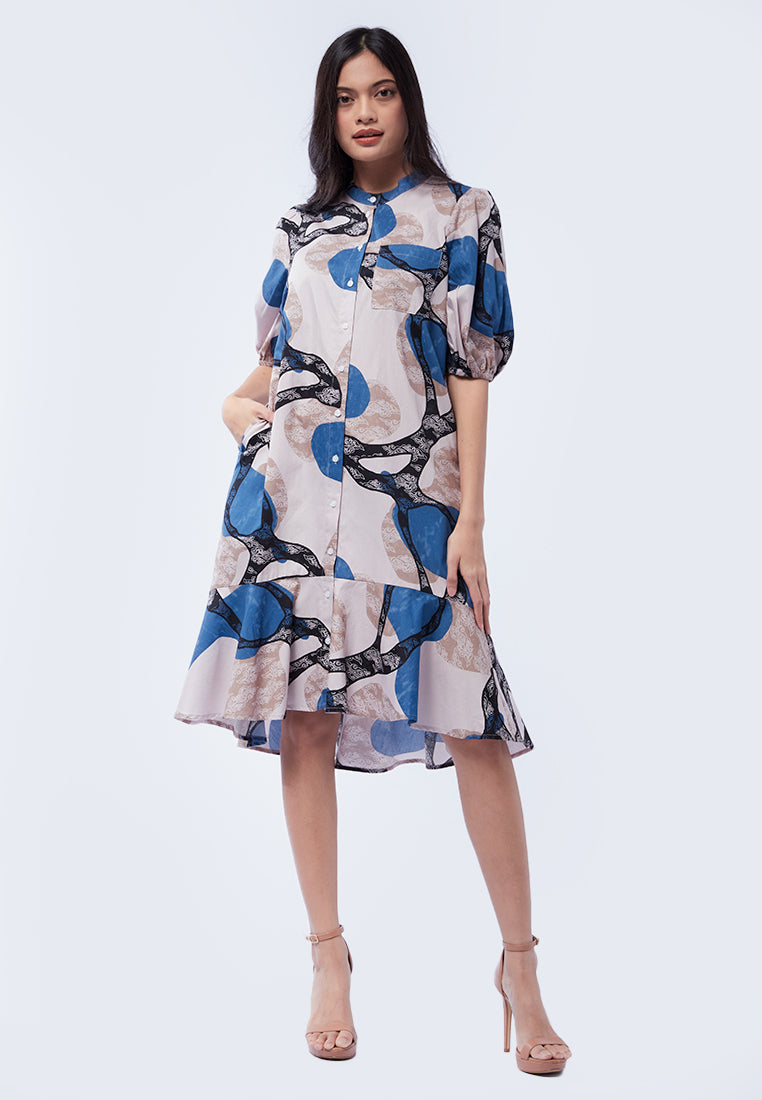 Batik Midi Dress with Balloon Sleeve