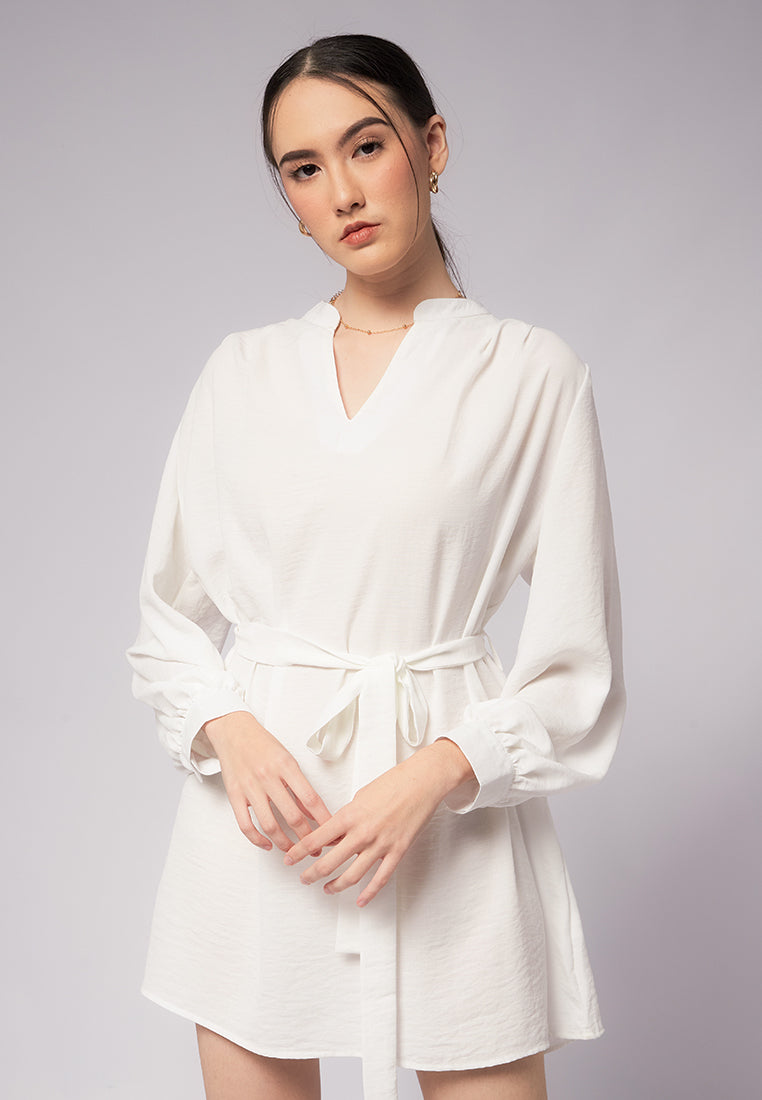 Belted Crinkle V-Neck Tunic Dress