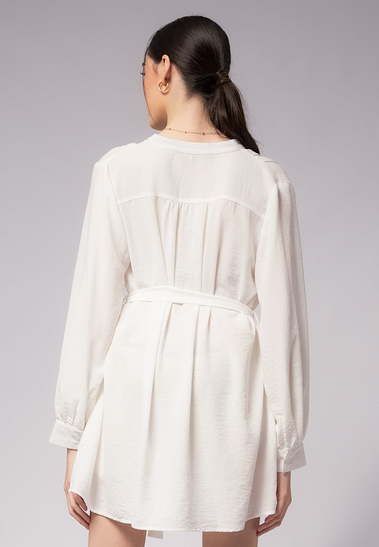 Belted Crinkle V-Neck Tunic Dress