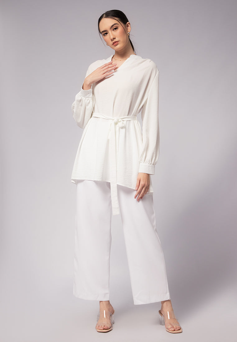 Belted Crinkle V-Neck Tunic Dress