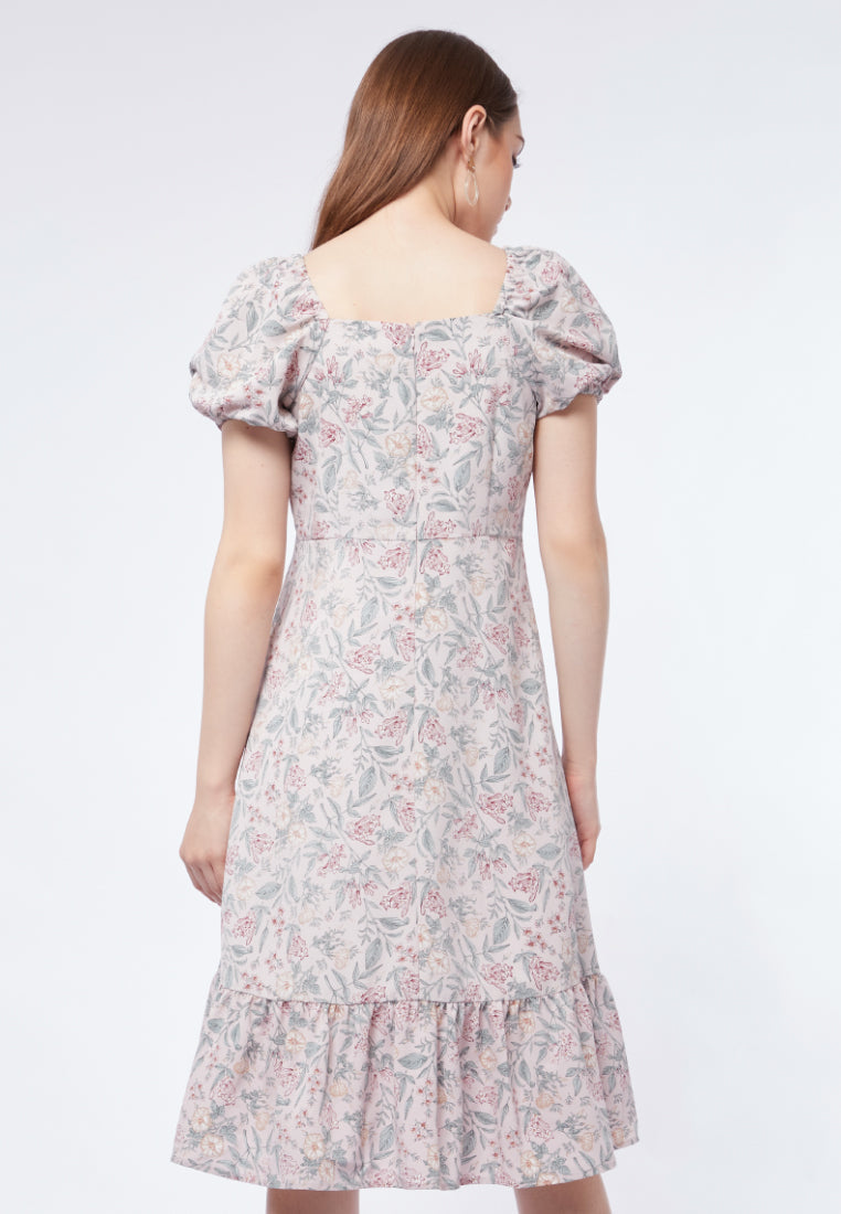 Printed Puff Sleeves Midi Dress
