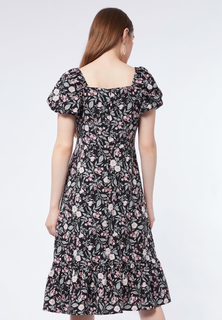 Printed Puff Sleeves Midi Dress