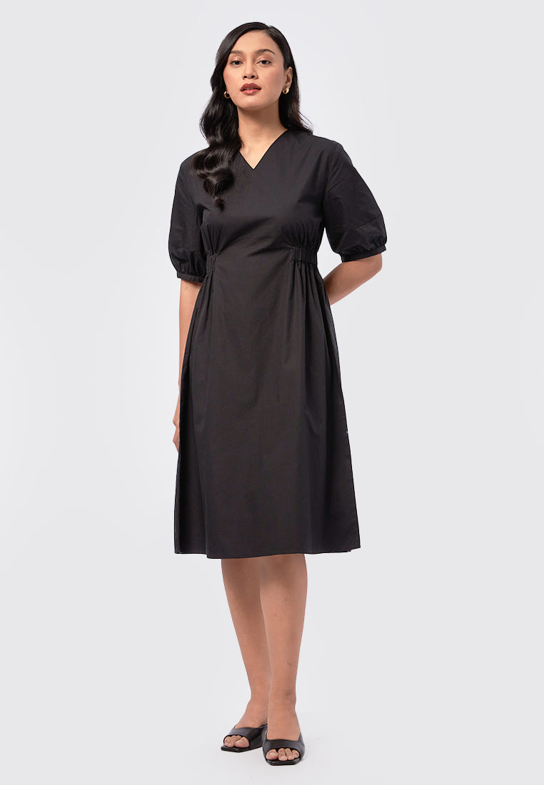 V-Neck Short Sleeve Midi Dress Black