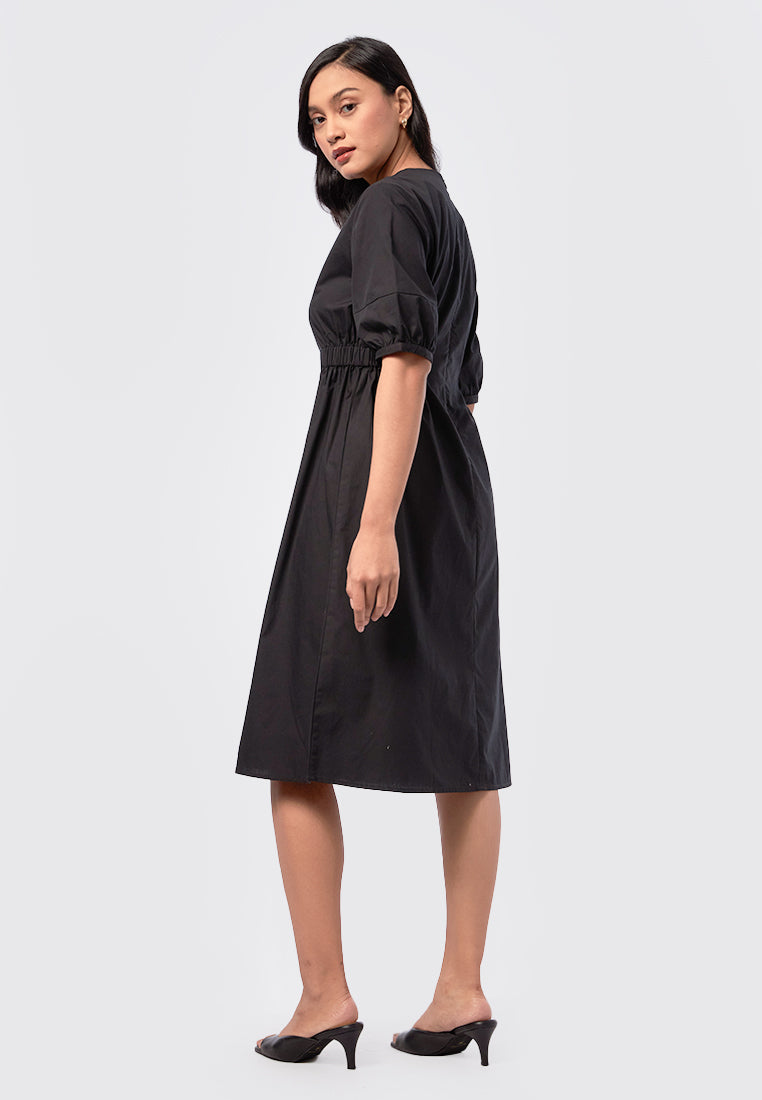 V-Neck Short Sleeve Midi Dress Black
