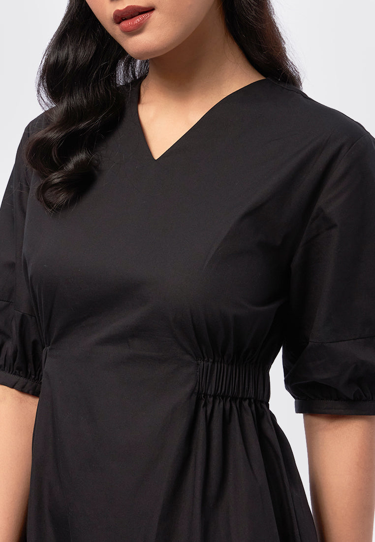 V-Neck Short Sleeve Midi Dress Black