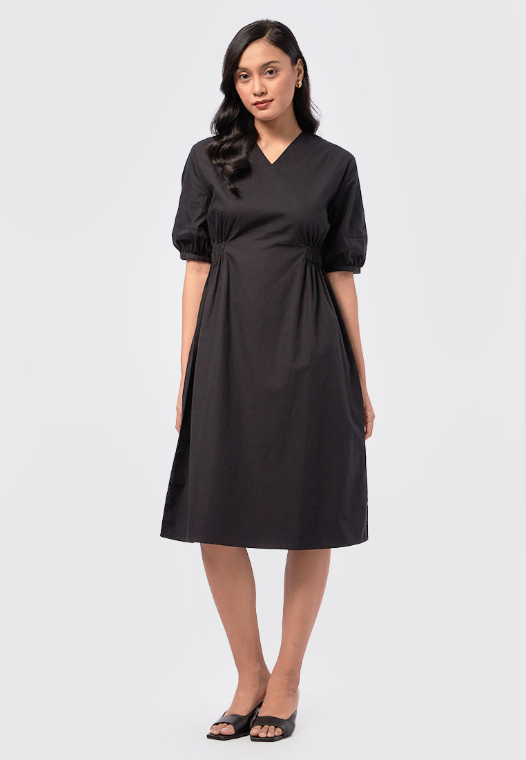 V-Neck Short Sleeve Midi Dress Black