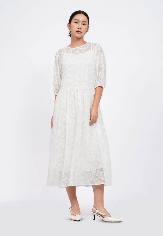 Balloon Sleeve Sheer Midi Dress