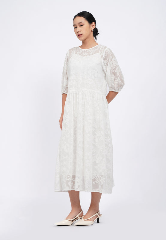 Balloon Sleeve Sheer Midi Dress