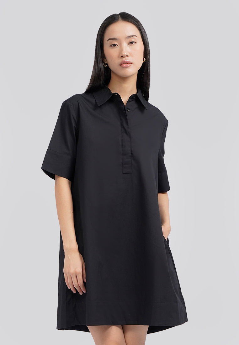 Short Sleeve A-line Mini Shirt Dress Black