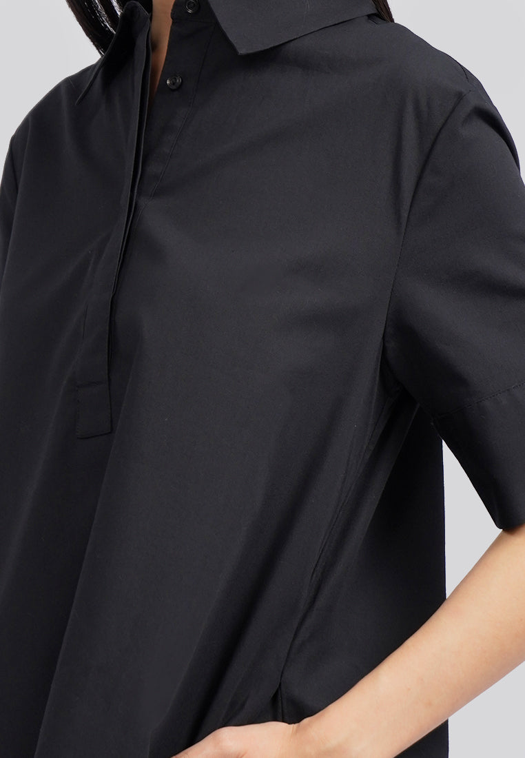 Short Sleeve A-line Mini Shirt Dress Black