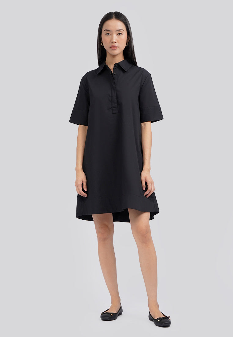 Short Sleeve A-line Mini Shirt Dress Black