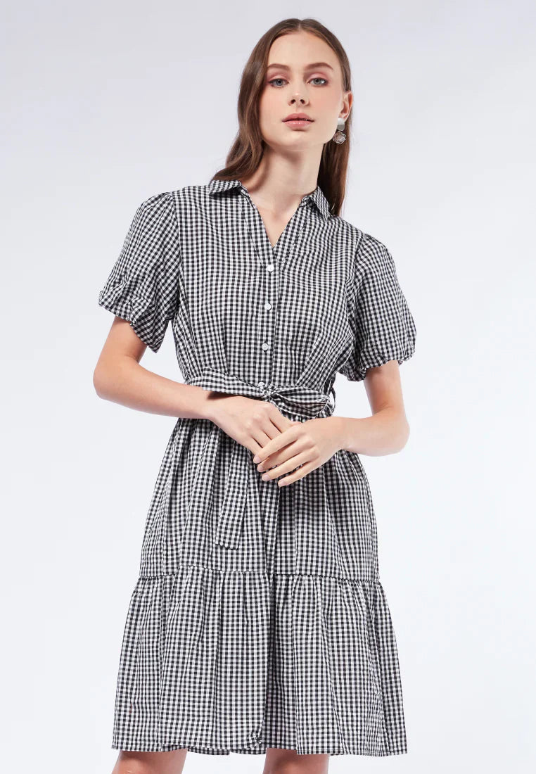 Gingham Balloon Sleeve Tiered Dress