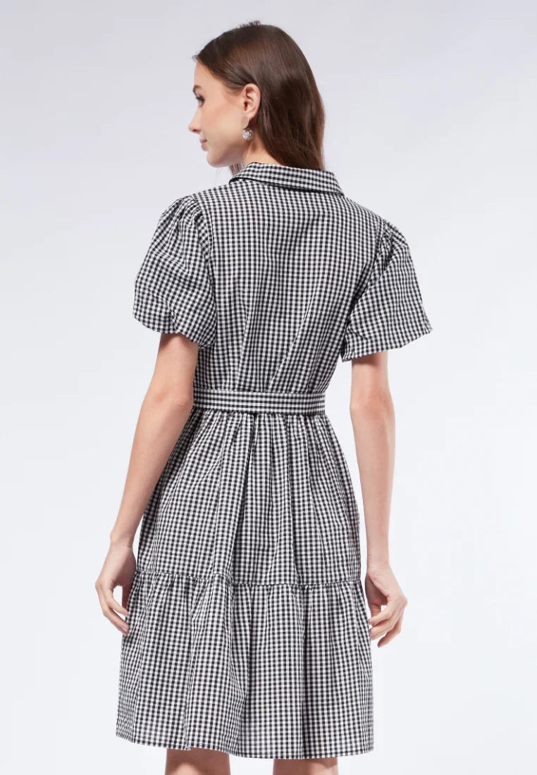 Gingham Balloon Sleeve Tiered Dress