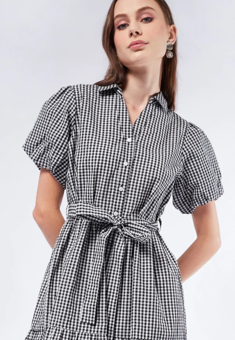 Gingham Balloon Sleeve Tiered Dress