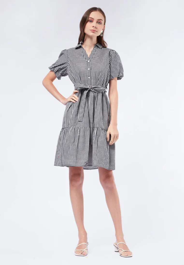 Gingham Balloon Sleeve Tiered Dress