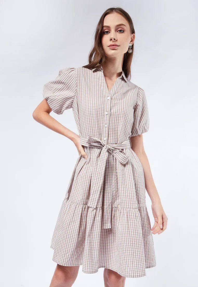 Gingham Balloon Sleeve Tiered Dress