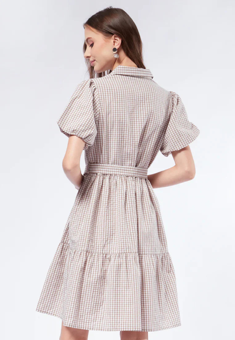 Gingham Balloon Sleeve Tiered Dress