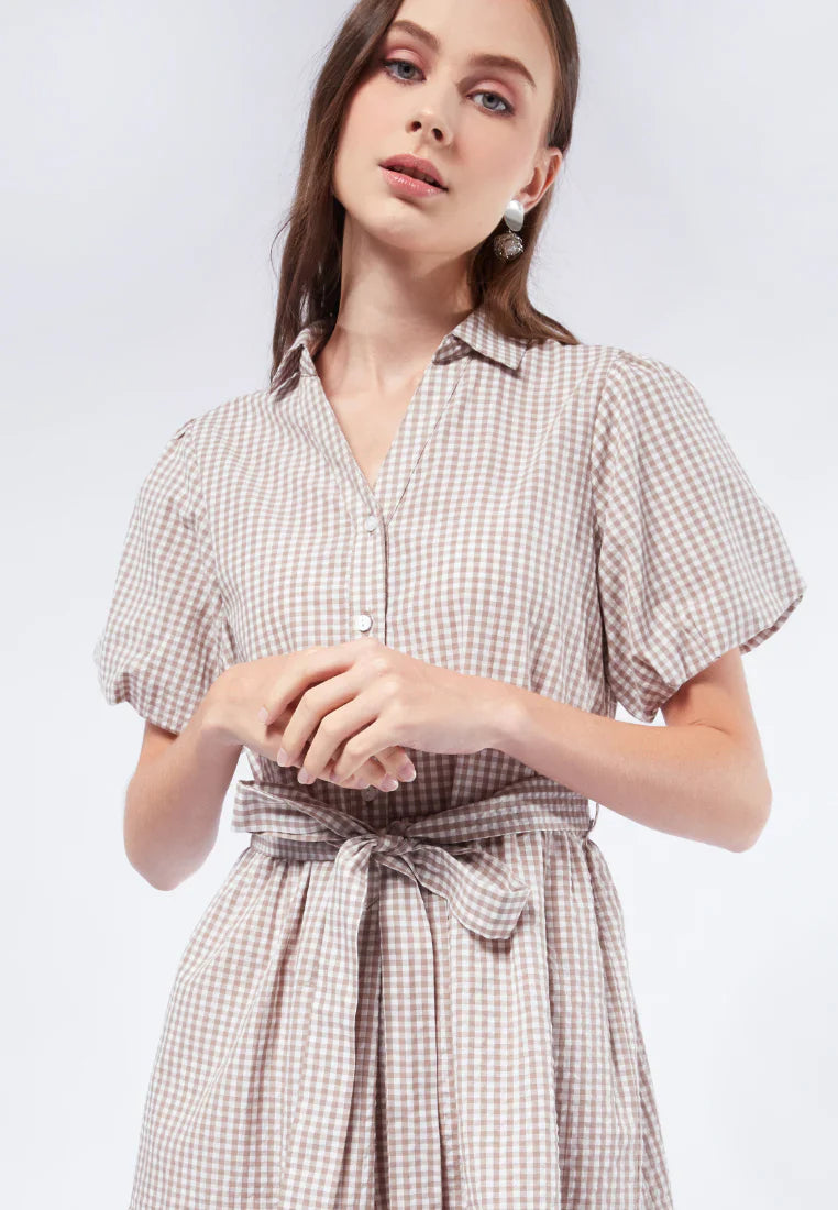 Gingham Balloon Sleeve Tiered Dress
