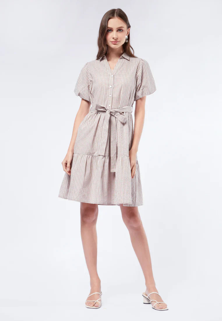Gingham Balloon Sleeve Tiered Dress
