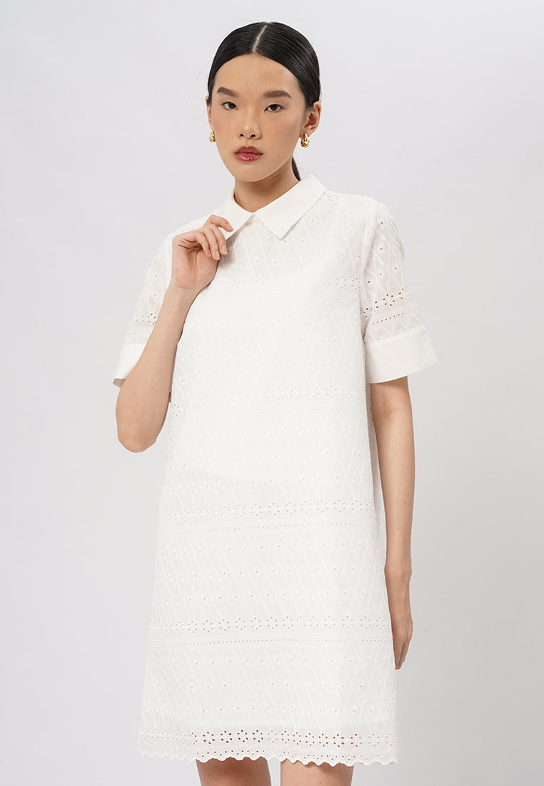 Short Sleeve Eyelet Mini Dress Off White