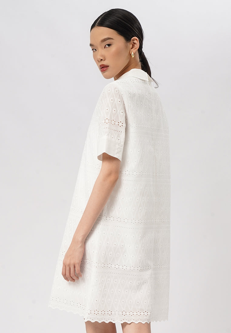 Short Sleeve Eyelet Mini Dress Off White