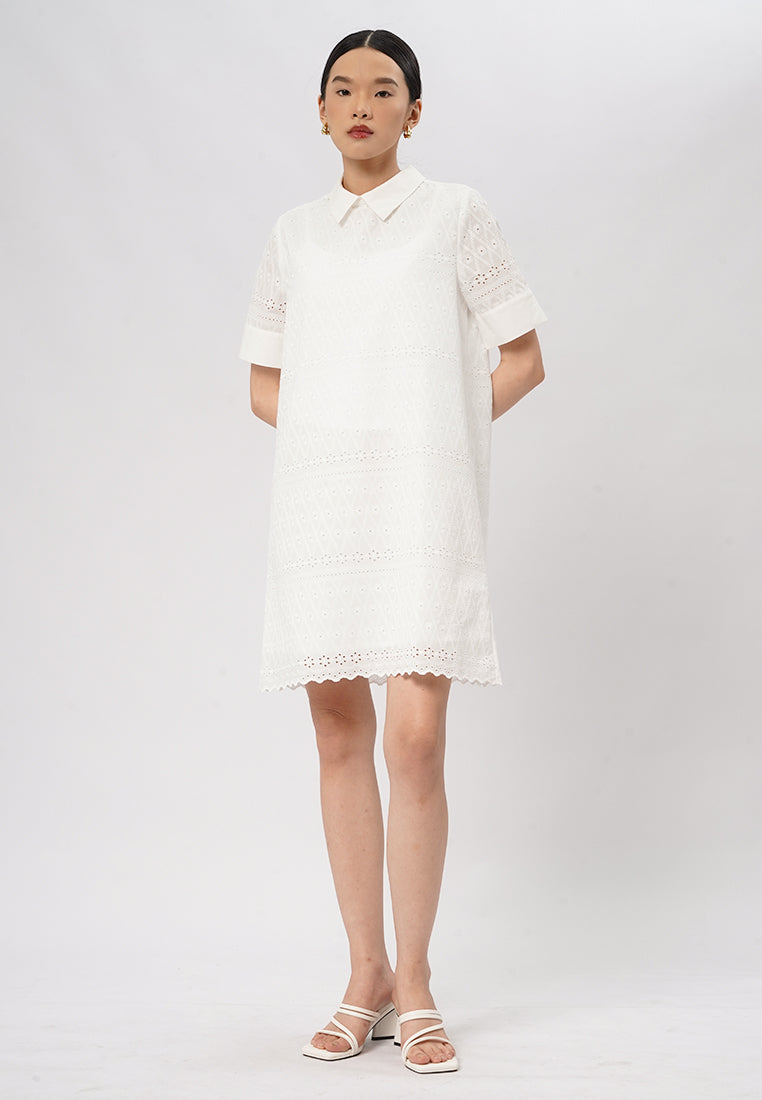 Short Sleeve Eyelet Mini Dress Off White