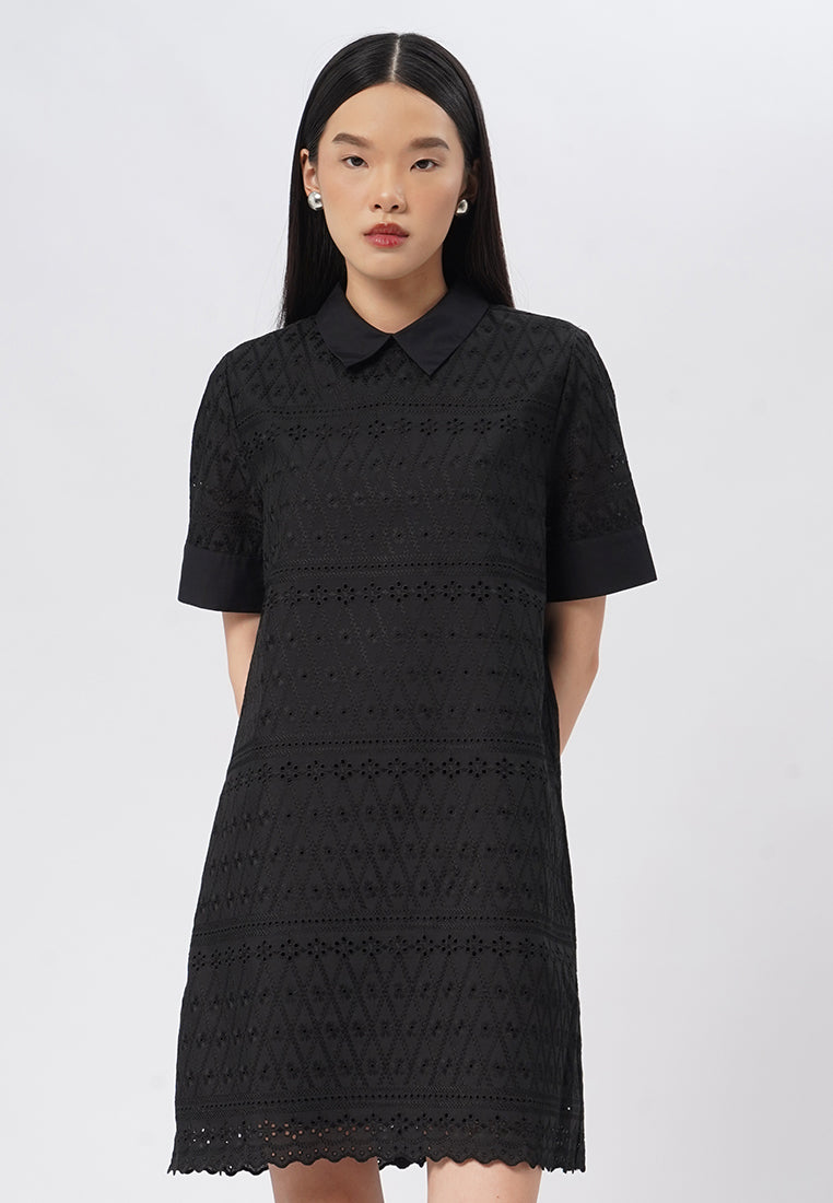 Short Sleeve Eyelet Mini Dress Black