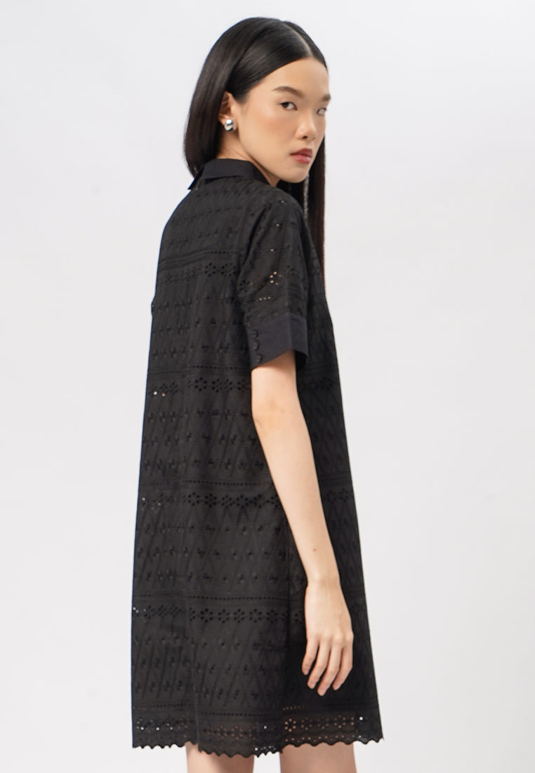 Short Sleeve Eyelet Mini Dress Black