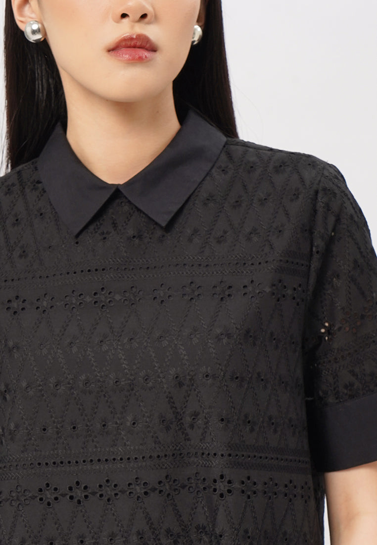 Short Sleeve Eyelet Mini Dress Black