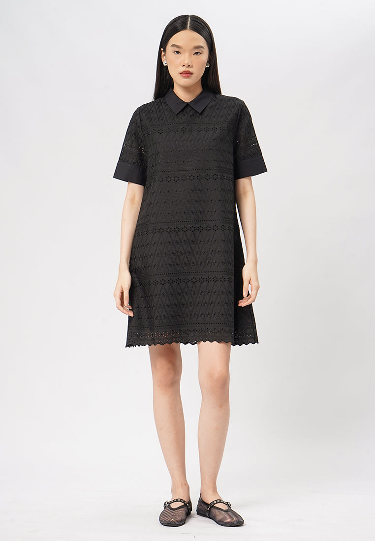 Short Sleeve Eyelet Mini Dress Black