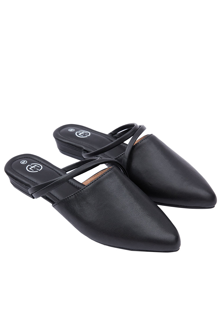 Black Ponted Strap Flat Mules