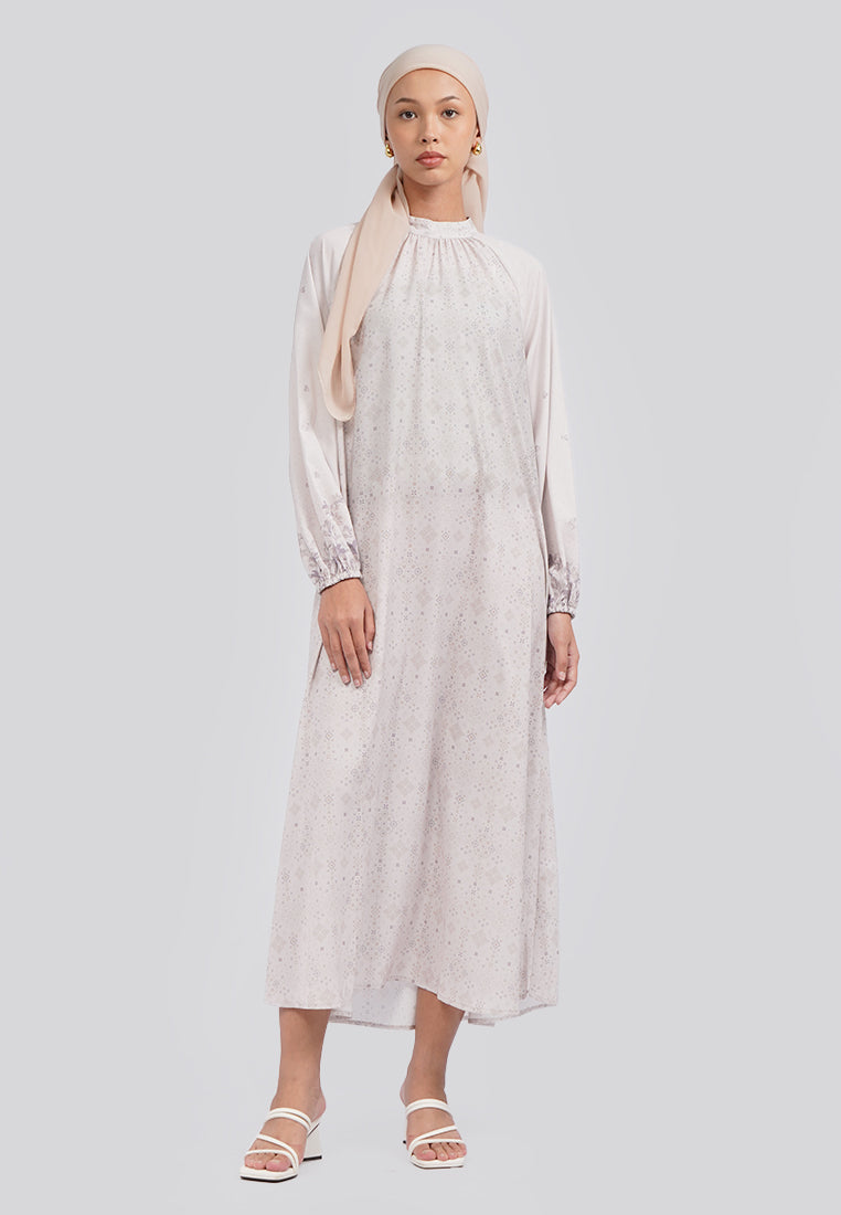 Puffy Raglan Sleeve Printed Gamis Beige