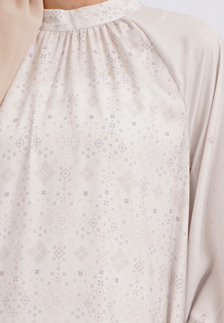 Puffy Raglan Sleeve Printed Gamis Beige