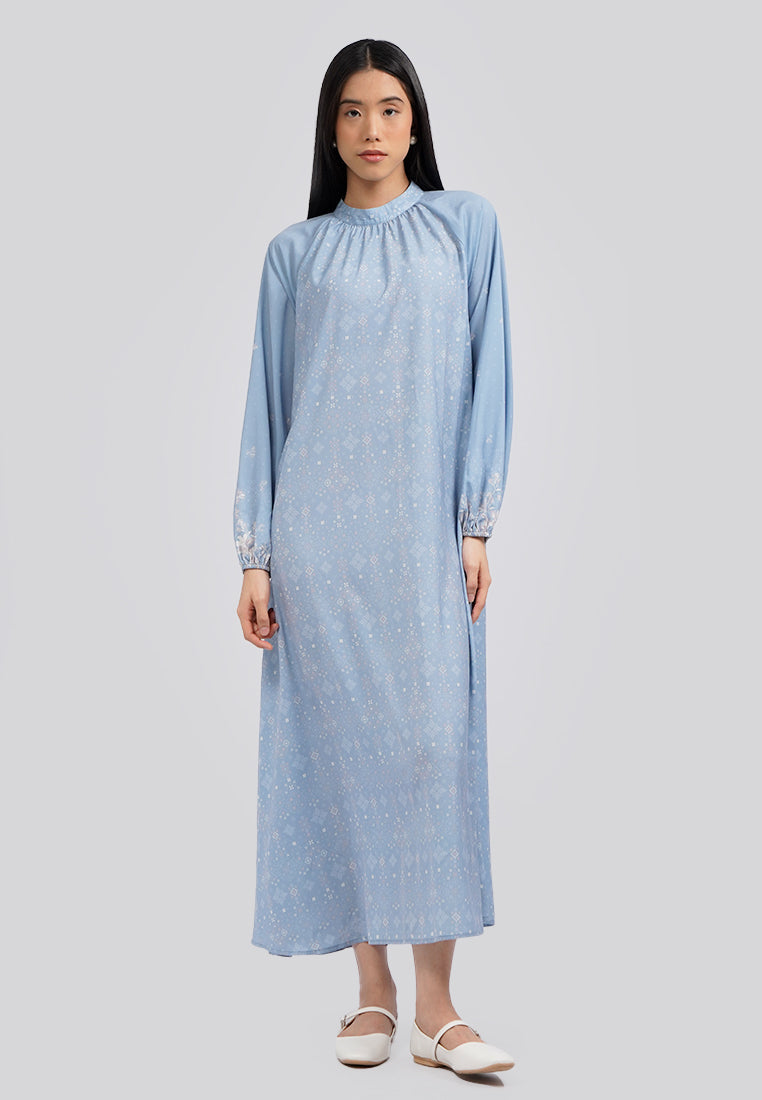 Puffy Raglan Sleeve Printed Gamis Blue