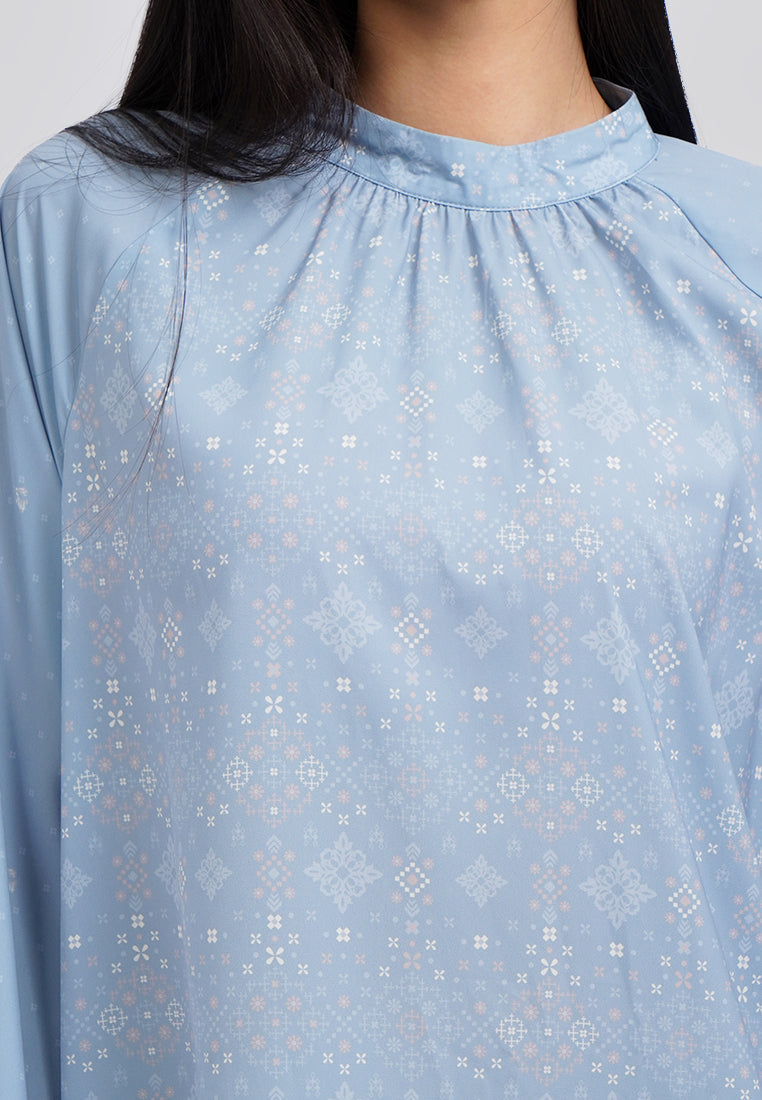Puffy Raglan Sleeve Printed Gamis Blue
