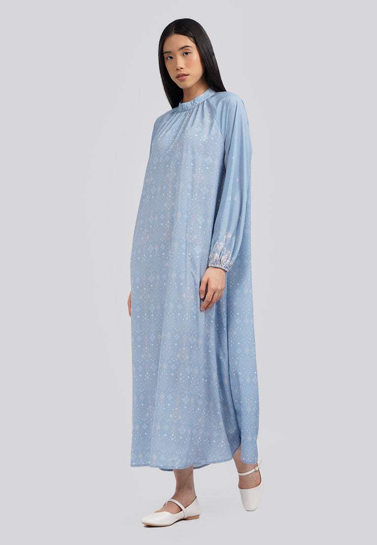 Puffy Raglan Sleeve Printed Gamis Blue