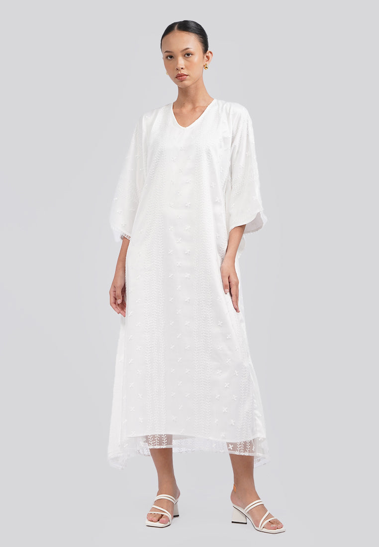 Embroidered V-Neck Kaftan White