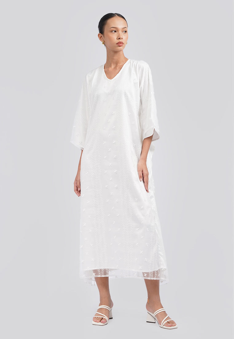 Embroidered V-Neck Kaftan White