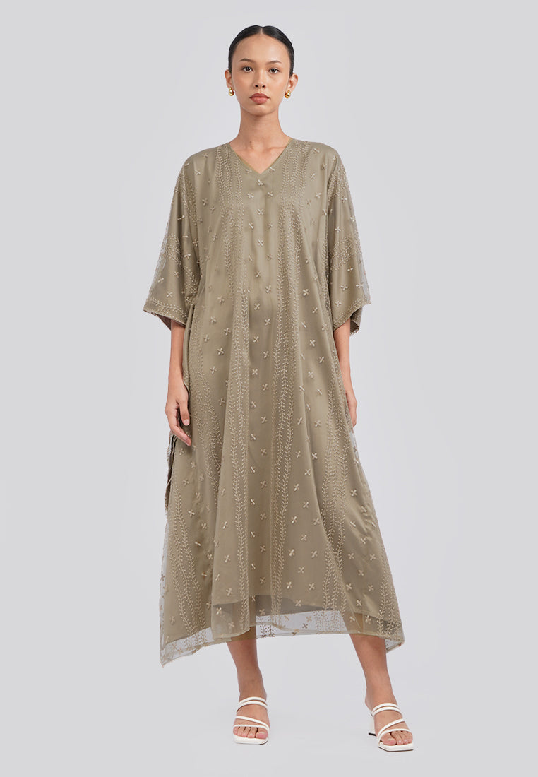 Embroidered V-Neck Kaftan Tan